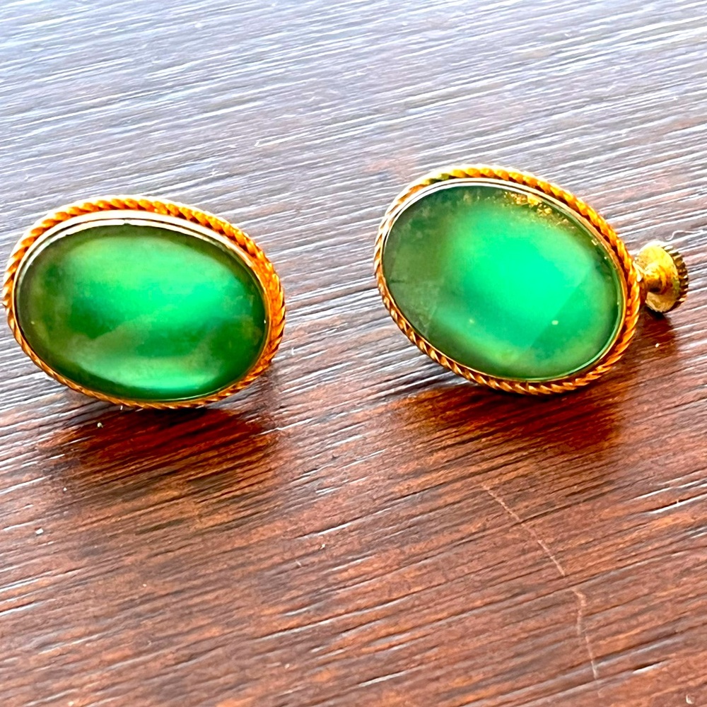 Vendome, Vintage Green Chalcedony and Gold clip-on earrings